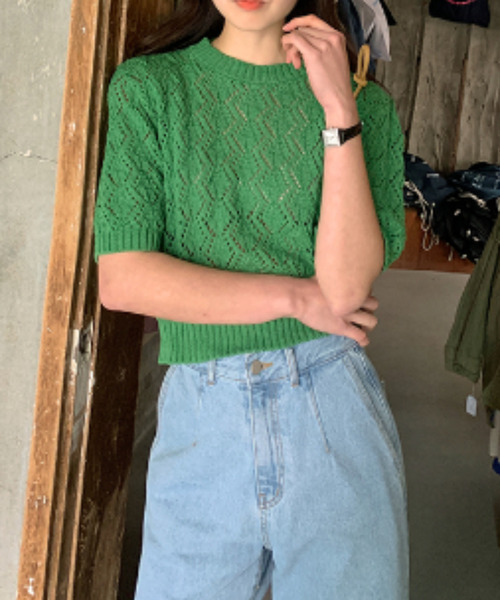 emi+(エミプラス)の「5分袖透かし網ニットプルオーバー(Tシャツ/カットソー・レディース・ベージュ/ピンク/ブルー/グリーン・FREE)」の13枚目の写真