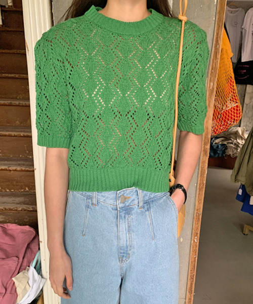 emi+(エミプラス)の「5分袖透かし網ニットプルオーバー(Tシャツ/カットソー・レディース・ベージュ/ピンク/ブルー/グリーン・FREE)」の14枚目の写真