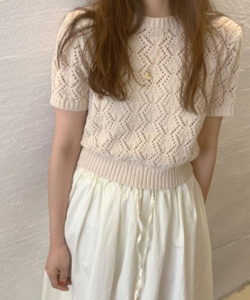 emi+(エミプラス)の「5分袖透かし網ニットプルオーバー(Tシャツ/カットソー・レディース・ベージュ/ピンク/ブルー/グリーン・FREE)」の19枚目の写真
