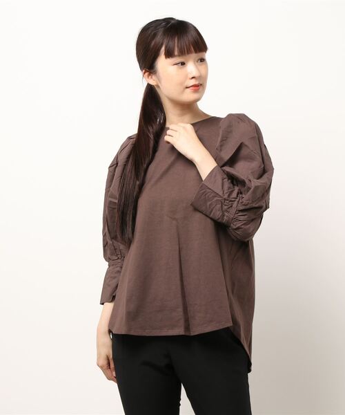 STYLEBLOCK(スタイルブロック)の「天竺×ローン袖異素材切替トップス(Tシャツ/カットソー・レディース・ブラック/ライトベージュ/ホワイト/ブラウン・M)」の10枚目の写真