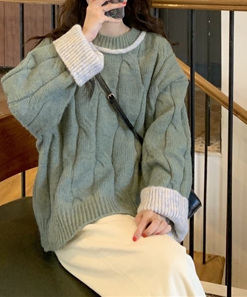 Loco Ocean（ロコオーシャン）の「太めケーブル編み ボリュームスリーブ プルオーバーニット（ニット/セーター・レディース・オフホワイト/オレンジ/グリーン・FREE）」の3枚目の写真