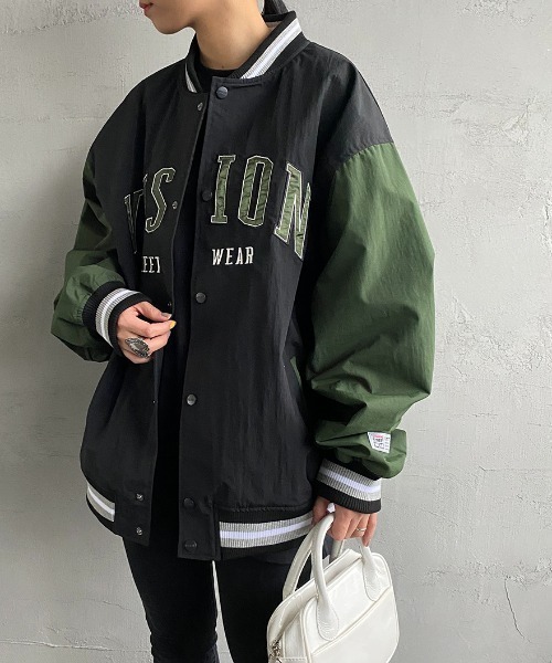 VISION STREET WEAR（ヴィジョンストリートウェア）の「【WEB限定】[VISION STREET WEAR/ビジョンストリートウェアー] ビッグシルエット ナイロンワッペンスタジャン（スタジャン・レディース・ブラック/グリーン・M/L）」の2枚目の写真