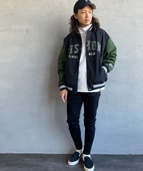 VISION STREET WEAR（ヴィジョンストリートウェア）の「【WEB限定】[VISION STREET WEAR/ビジョンストリートウェアー] ビッグシルエット ナイロンワッペンスタジャン（スタジャン・レディース・ブラック/グリーン・M/L）」の3枚目の写真