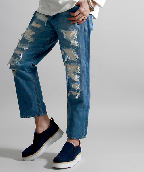 WEGO(ウィゴー)の「WEGO/クラッシュアンクルデニムパンツ(デニムパンツ・メンズ・インディゴブルー・MEDIUM/LARGE)」の1枚目の写真