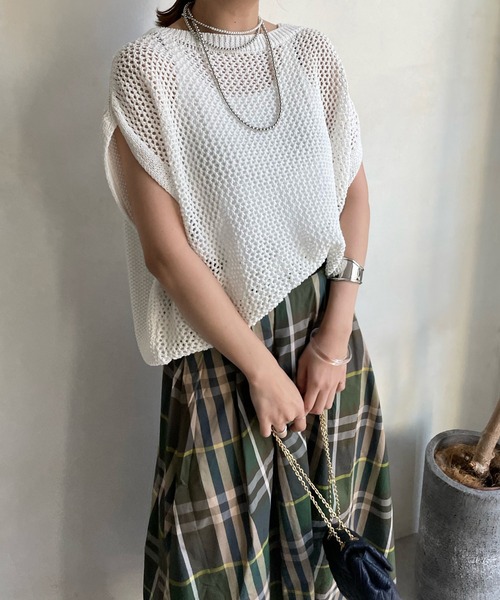 DouDou(ドゥドゥ)の「前後編地切替メッシュフレンチ(ニット/セーター・レディース・オフホワイト/ミント/グレイッシュベージュ・FREE)」の2枚目の写真