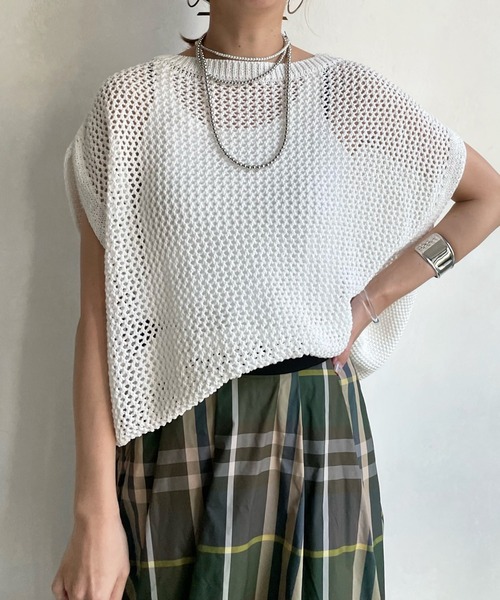 DouDou(ドゥドゥ)の「前後編地切替メッシュフレンチ(ニット/セーター・レディース・オフホワイト/ミント/グレイッシュベージュ・FREE)」の9枚目の写真