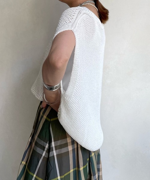 DouDou(ドゥドゥ)の「前後編地切替メッシュフレンチ(ニット/セーター・レディース・オフホワイト/ミント/グレイッシュベージュ・FREE)」の12枚目の写真