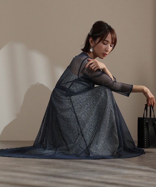 ワンピース ドレス ドレス 結婚式パーティードレスフラワージャガード袖あり ミモレ丈大きいサイズ