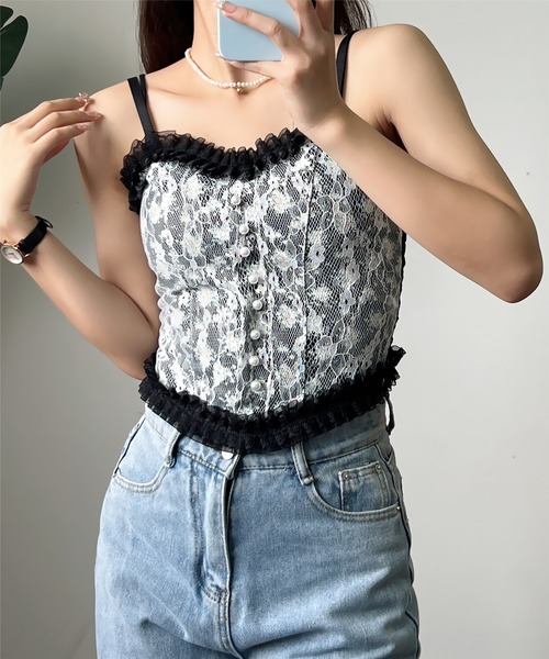 セール】カップ付き レースアップ花柄キャミソール（キャミソール