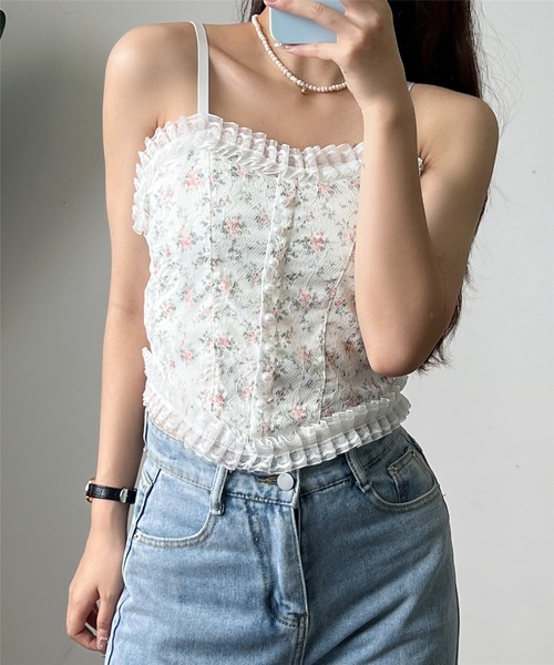 セール】カップ付き レースアップ花柄キャミソール