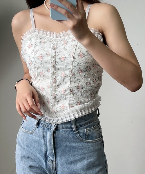 セール】カップ付き レースアップ花柄キャミソール