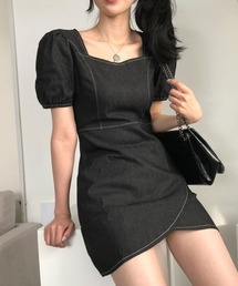 ステッチデニムパフワンピース
