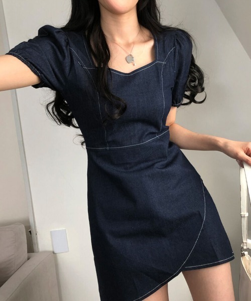 by muni:r（バイ ムニール）の「ステッチデニムパフワンピース（ワンピース・レディース・ブラック/ブルー・FREE）」の9枚目の写真