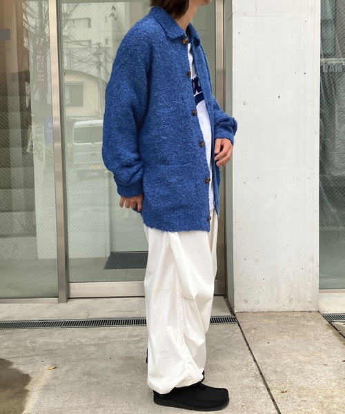 holed topp ／ネイビー Snap club】ビッグシルエット 襟付き ブークレ起毛カーディガン