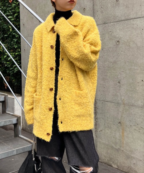Snap club】ビッグシルエット 襟付き ブークレ起毛カーディガン