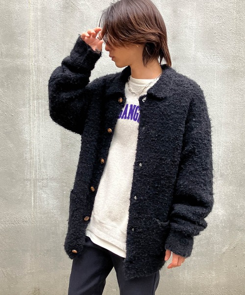 Snap club】ビッグシルエット 襟付き ブークレ起毛カーディガン