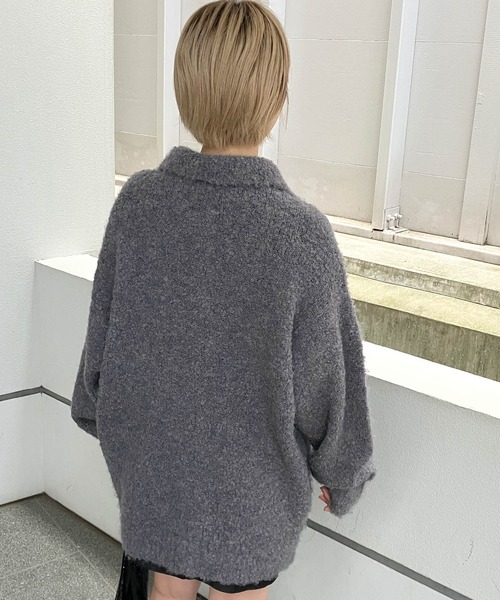 Snap club】ビッグシルエット 襟付き ブークレ起毛カーディガン