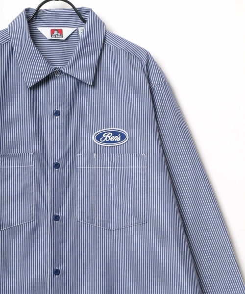 BEN DAVIS(ベンデイビス)の「BEN DAVIS/ベンデイビス PATCHED WORK SHIRT/オーバーサイズ ワッペン ワンポイント刺繍 無地 ストライプ ワークシャツ/レギュラーカラーシャツ(シャツ/ブラウス・メンズ・ブルー系その他/ホワイト系その他/サックスブルー・M/L/XL)」の3枚目の写真