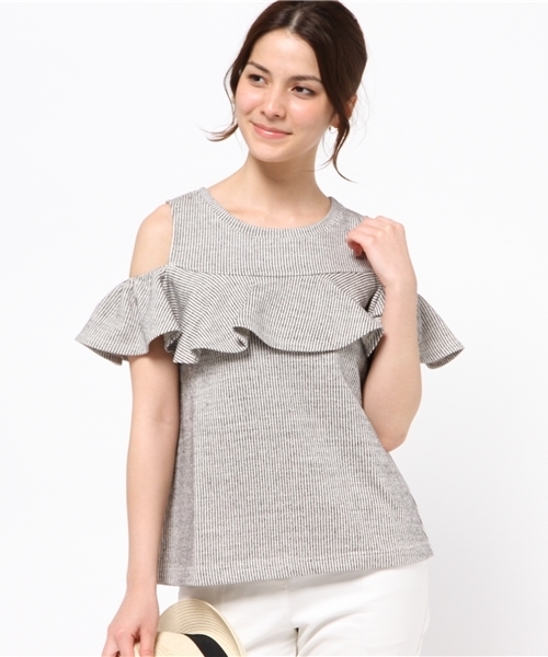 ROSE BUD（ローズバッド）の「LCTT-15189 RUFFLE SLV-LESS TOP（Tシャツ/カットソー・レディース・ブルー/ブラック・ONE SIZE）」の2枚目の写真