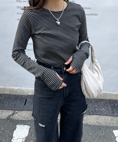 LE MORE（リモア）の「スリムボーダーカットソー（Tシャツ/カットソー・レディース・アイボリー/ブラック/グリーン・FREE）」の3枚目の写真