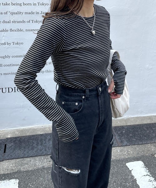 LE MORE（リモア）の「スリムボーダーカットソー（Tシャツ/カットソー・レディース・アイボリー/ブラック/グリーン・FREE）」の9枚目の写真