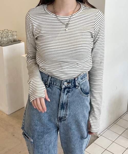 LE MORE（リモア）の「スリムボーダーカットソー（Tシャツ/カットソー・レディース・アイボリー/ブラック/グリーン・FREE）」の8枚目の写真