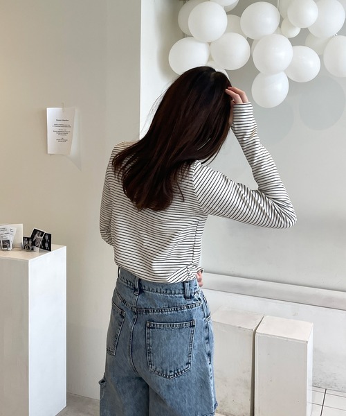 LE MORE（リモア）の「スリムボーダーカットソー（Tシャツ/カットソー・レディース・アイボリー/ブラック/グリーン・FREE）」の12枚目の写真