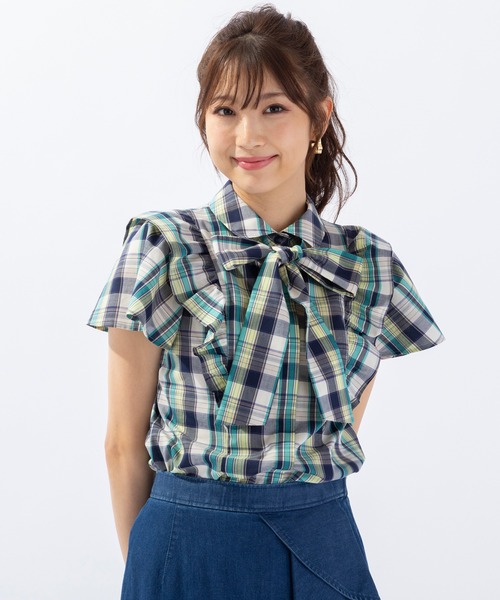 Rose Tiara(ローズティアラ)の「チェックリボンタイブラウス(シャツ/ブラウス・レディース・グリーン/バイオレット・46/42/38/40)」の1枚目の写真