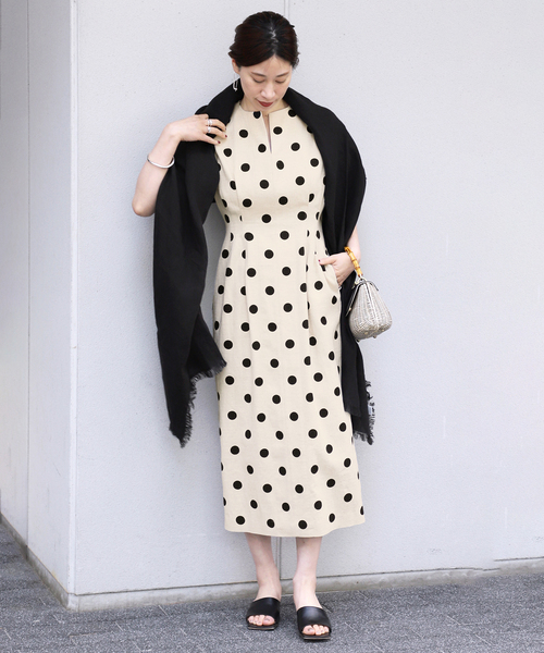 セール】綿麻ドットプリントウエストシェイプワンピース（ワンピース