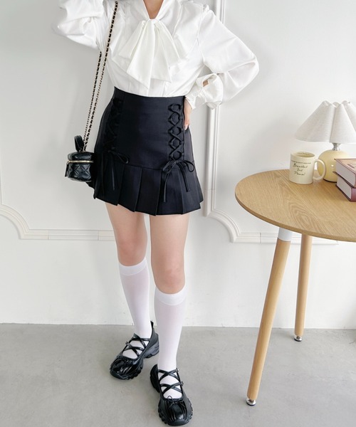 セール】プリーツヘムレースアップミニスカート（スカート