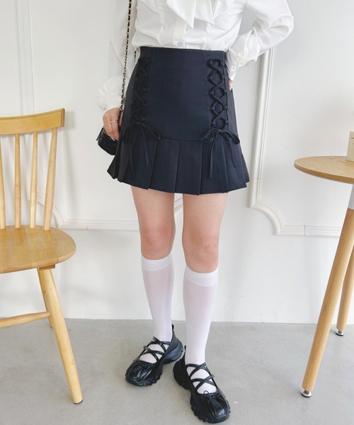 セール】プリーツヘムレースアップミニスカート（スカート