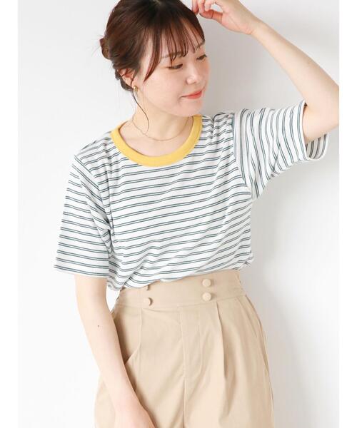 ehka sopo(エヘカソポ)の「ボーダーリンガーTシャツ(Tシャツ/カットソー・レディース・オフホワイト/ピンク/ブルー/モカ・F)」の2枚目の写真