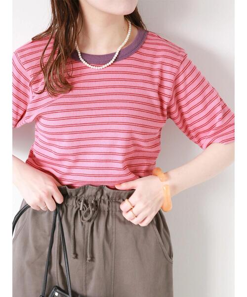 ehka sopo(エヘカソポ)の「ボーダーリンガーTシャツ(Tシャツ/カットソー・レディース・オフホワイト/ピンク/ブルー/モカ・F)」の5枚目の写真