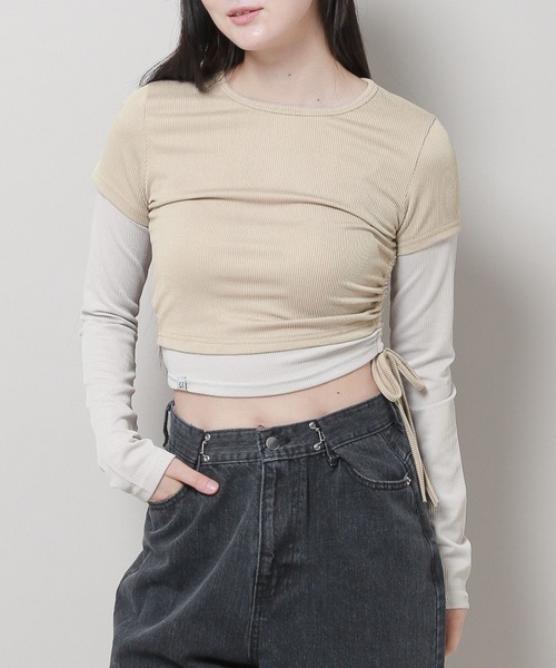 3.3 Field Trip （3.3フィールドトリップ）の「3.3 Field Trip／レイヤードTOP 2978701（Tシャツ/カットソー・レディース・チャコール/ベージュ・FREE）」の2枚目の写真