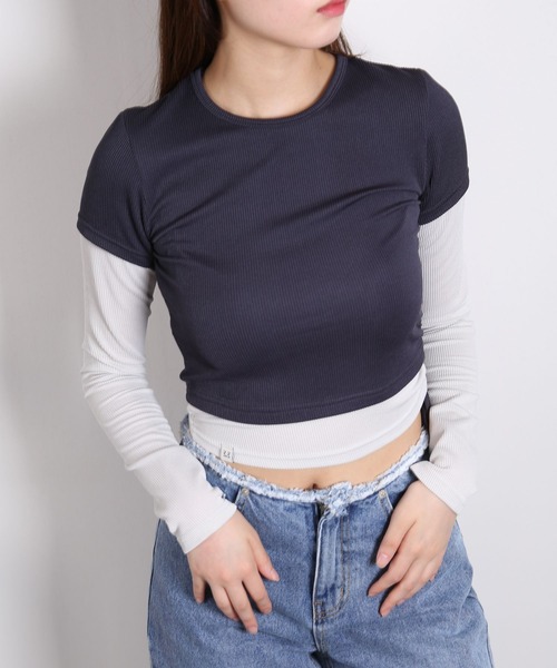 3.3 Field Trip （3.3フィールドトリップ）の「3.3 Field Trip／レイヤードTOP 2978701（Tシャツ/カットソー・レディース・チャコール/ベージュ・FREE）」の11枚目の写真