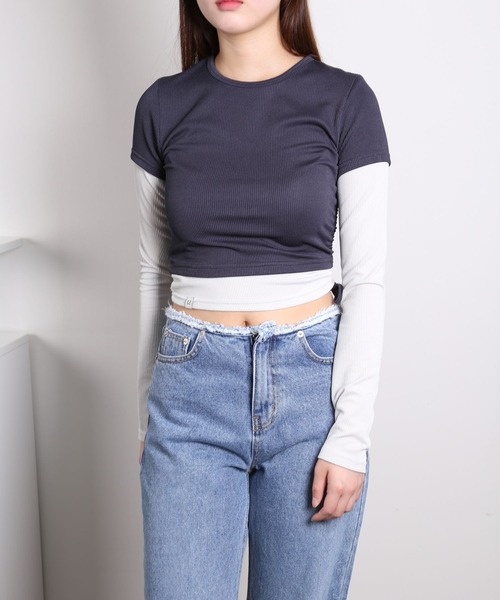 3.3 Field Trip （3.3フィールドトリップ）の「3.3 Field Trip／レイヤードTOP 2978701（Tシャツ/カットソー・レディース・チャコール/ベージュ・FREE）」の9枚目の写真