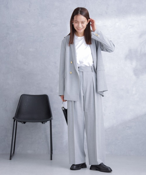 NANO universe（ナノユニバース）の「トロストレッチ2タックワイドパンツ（セットアップ可）（スラックス・レディース・ライトグレー/ネイビー・S/M）」の5枚目の写真