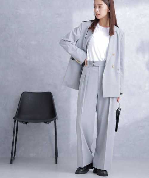 NANO universe（ナノユニバース）の「トロストレッチ2タックワイドパンツ（セットアップ可）（スラックス・レディース・ライトグレー/ネイビー・S/M）」の6枚目の写真