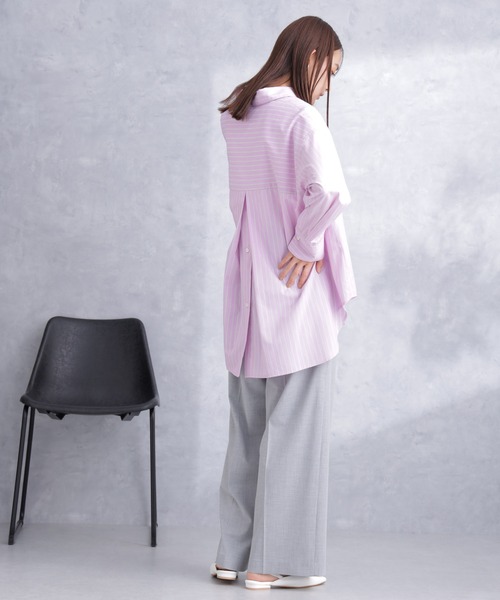 NANO universe（ナノユニバース）の「トロストレッチ2タックワイドパンツ（セットアップ可）（スラックス・レディース・ライトグレー/ネイビー・S/M）」の4枚目の写真