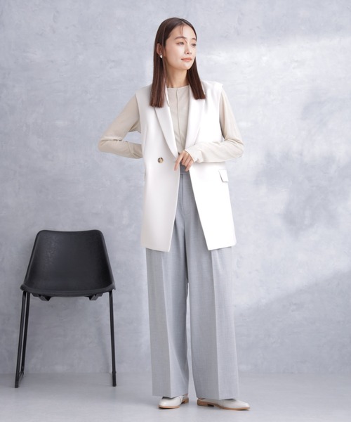 NANO universe（ナノユニバース）の「トロストレッチ2タックワイドパンツ（セットアップ可）（スラックス・レディース・ライトグレー/ネイビー・S/M）」の8枚目の写真