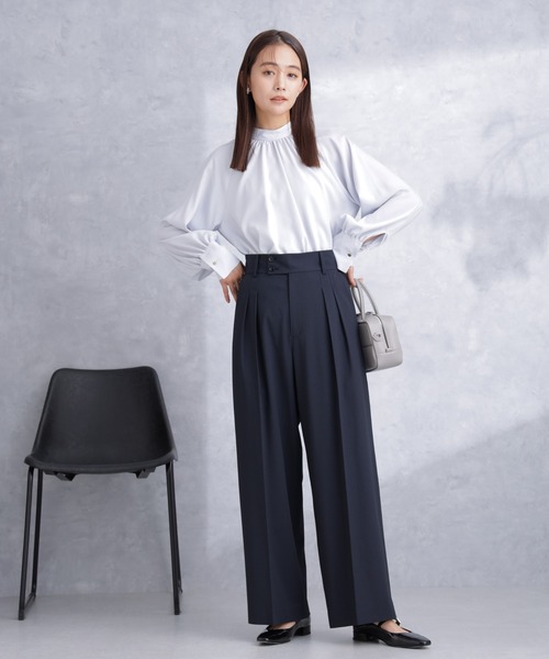 NANO universe（ナノユニバース）の「トロストレッチ2タックワイドパンツ（セットアップ可）（スラックス・レディース・ライトグレー/ネイビー・S/M）」の14枚目の写真