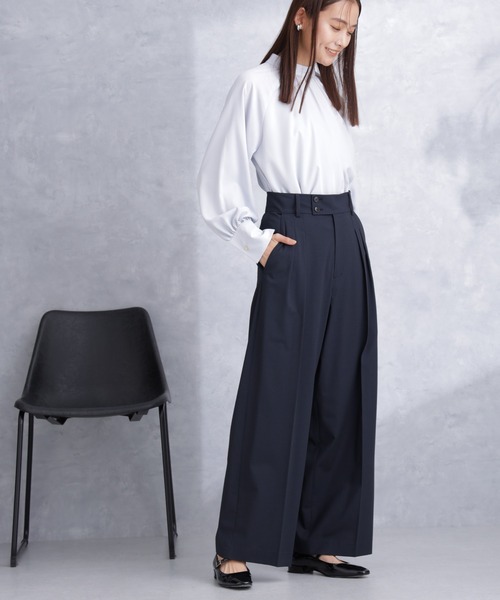 NANO universe（ナノユニバース）の「トロストレッチ2タックワイドパンツ（セットアップ可）（スラックス・レディース・ライトグレー/ネイビー・S/M）」の15枚目の写真