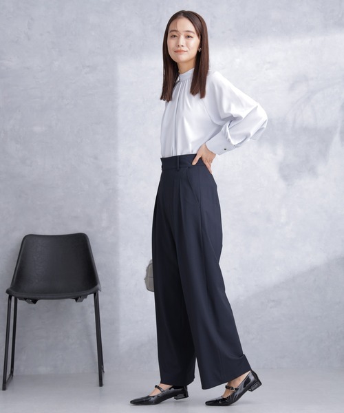 NANO universe（ナノユニバース）の「トロストレッチ2タックワイドパンツ（セットアップ可）（スラックス・レディース・ライトグレー/ネイビー・S/M）」の17枚目の写真