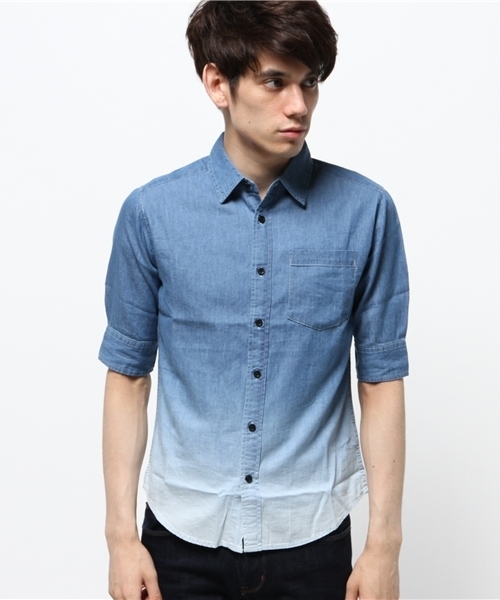 VENCEEXCHANGE（ヴァンスエクスチェンジ）の「デニムグラデーション5分袖シャツ（シャツ/ブラウス・メンズ・ダークネイビー/ブルー・SMALL/LARGE/MEDIUM）」の3枚目の写真