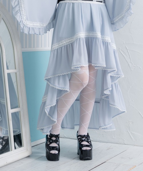 DearMyLove（ディアマイラブ）の「レースアップリボン柄タイツ（ソックス/靴下・レディース・ホワイト/ブラック・M-L）」の3枚目の写真