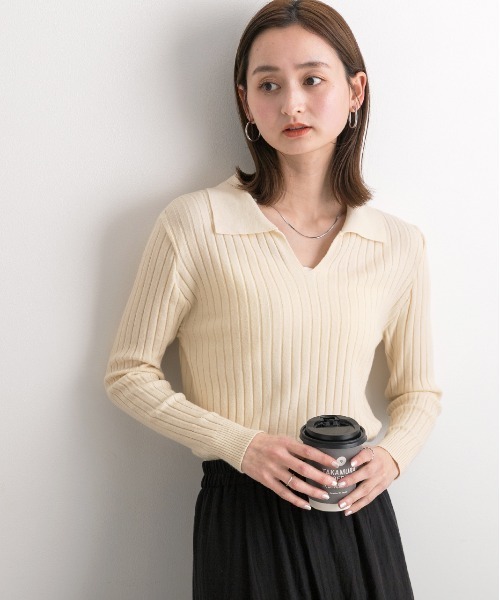 ad thie(アドティエ)の「ベーシック 襟付きニット(ニット/セーター・レディース・ブラック/アイボリー/オフホワイト・FREE)」の9枚目の写真