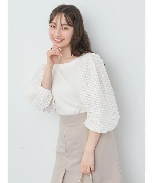 earth music&ecology(アースミュージックアンドエコロジー)の「シアーチェックスリーブプルオーバー(Tシャツ/カットソー・レディース・オフホワイト/ライトイエロー/ブラック/サックスブルー・FREE)」の22枚目の写真