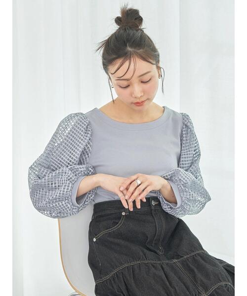 earth music&ecology(アースミュージックアンドエコロジー)の「シアーチェックスリーブプルオーバー(Tシャツ/カットソー・レディース・オフホワイト/ライトイエロー/ブラック/サックスブルー・FREE)」の5枚目の写真