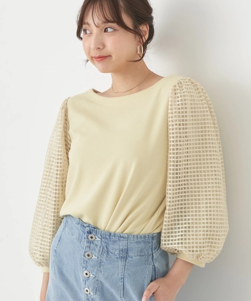 earth music&ecology(アースミュージックアンドエコロジー)の「シアーチェックスリーブプルオーバー(Tシャツ/カットソー・レディース・オフホワイト/ライトイエロー/ブラック/サックスブルー・FREE)」の1枚目の写真