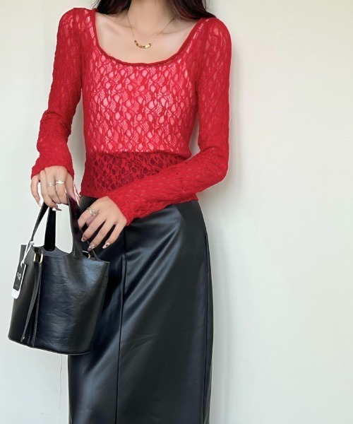 セール】ストレッチレースショート丈シアートップス（Tシャツ